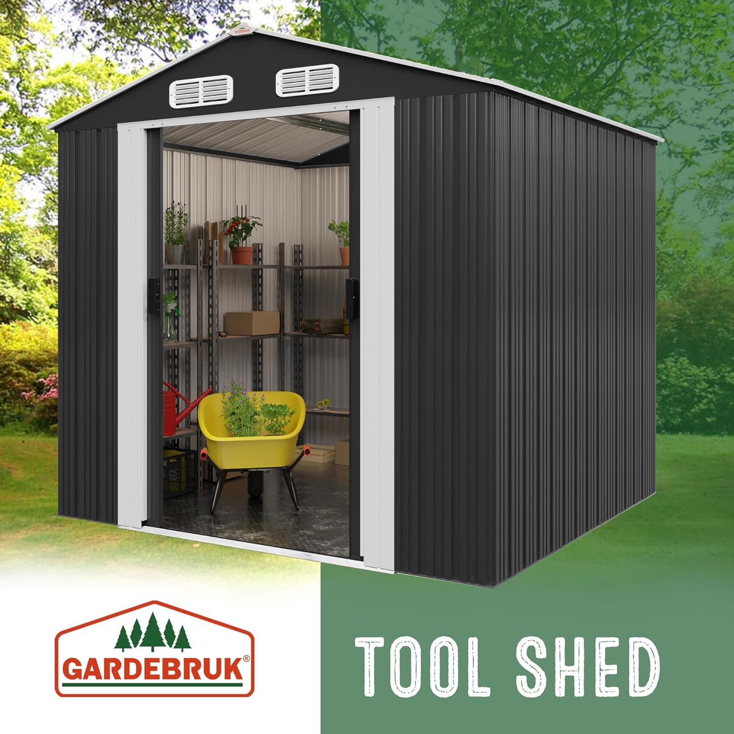® XXL 8X6' Metal Tool Shed with Foundation | 5M² 9M³ | Apex Roof | 260X205X180Cm | Sliding Door | Galvanised Steel Garden Equipment Bike Log Storage | Anthracite
