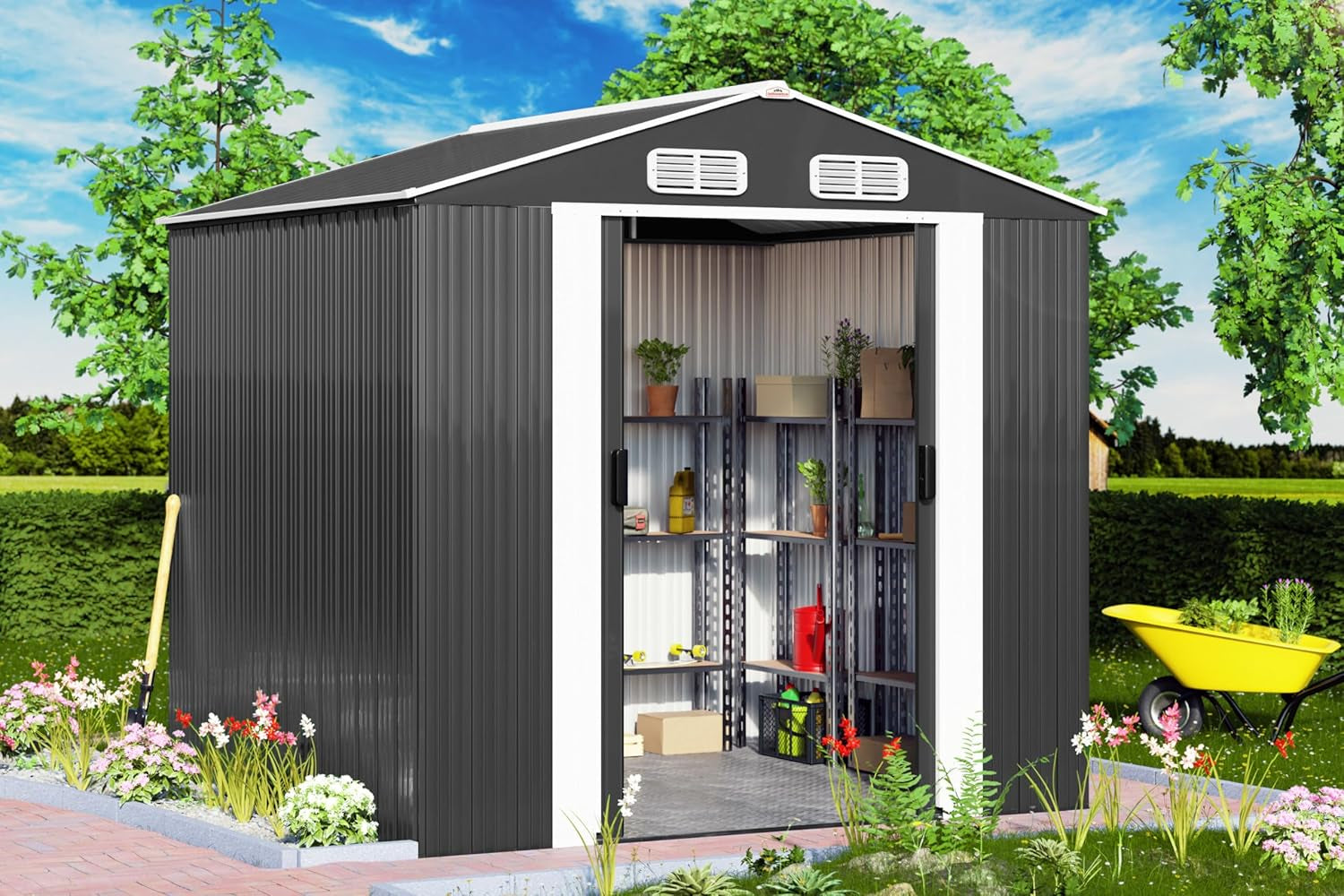 ® XXL 8X6' Metal Tool Shed with Foundation | 5M² 9M³ | Apex Roof | 260X205X180Cm | Sliding Door | Galvanised Steel Garden Equipment Bike Log Storage | Anthracite