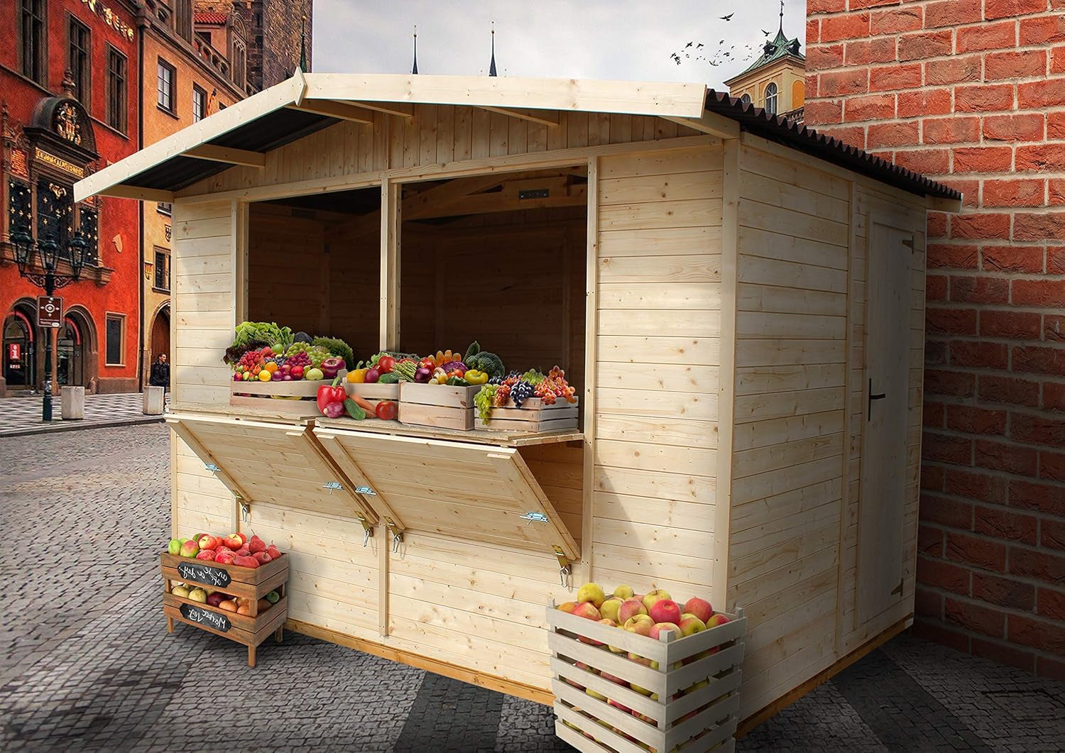 Wooden Market Stall 17Mm Planks, Wooden House Ideal as a Garden Bar or Retail Stand with Counter 263 X 336 Cm, Quality Shiplap Pop-Up Kiosk for Outdoor Events, Easy to Assemble, Dismantle M150