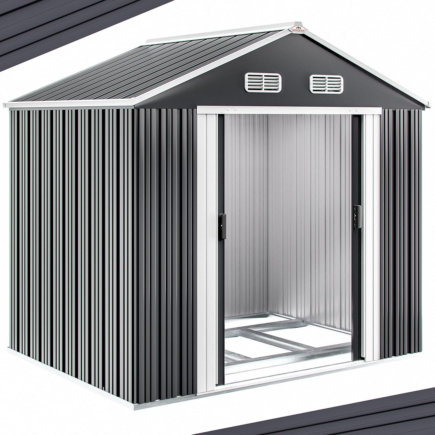® XXL 8X6' Metal Tool Shed with Foundation | 5M² 9M³ | Apex Roof | 260X205X180Cm | Sliding Door | Galvanised Steel Garden Equipment Bike Log Storage | Anthracite