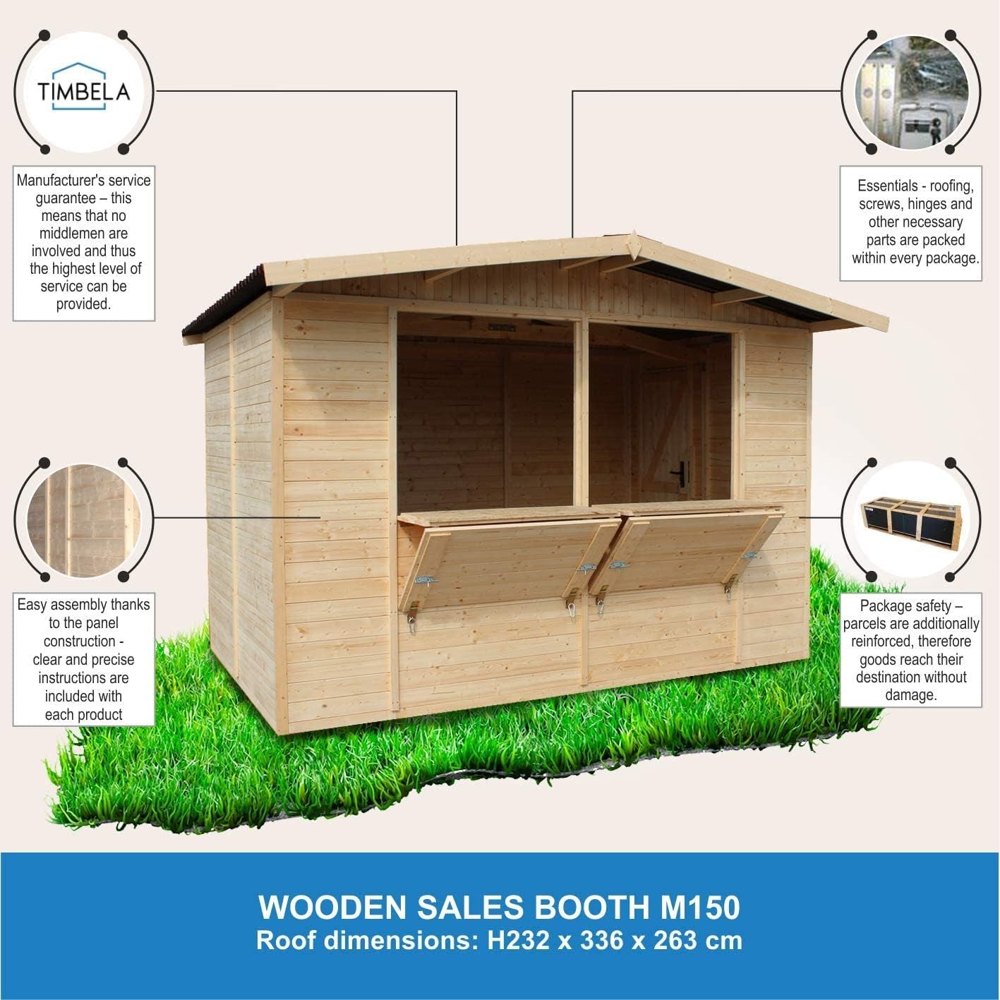 Wooden Market Stall 17Mm Planks, Wooden House Ideal as a Garden Bar or Retail Stand with Counter 263 X 336 Cm, Quality Shiplap Pop-Up Kiosk for Outdoor Events, Easy to Assemble, Dismantle M150