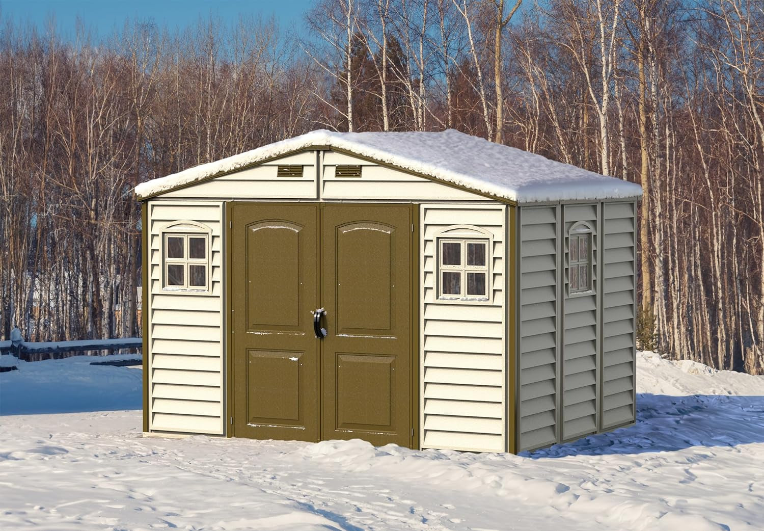 Woodside 10 X 8 (8.02 M2) Plastic Garden Shed with 3 Fixed Windows & Metal Foundation Kit, Strong Metal Roof Structure Fire Retardant and Maintenance-Free Storage Shed - Ivory/Brown