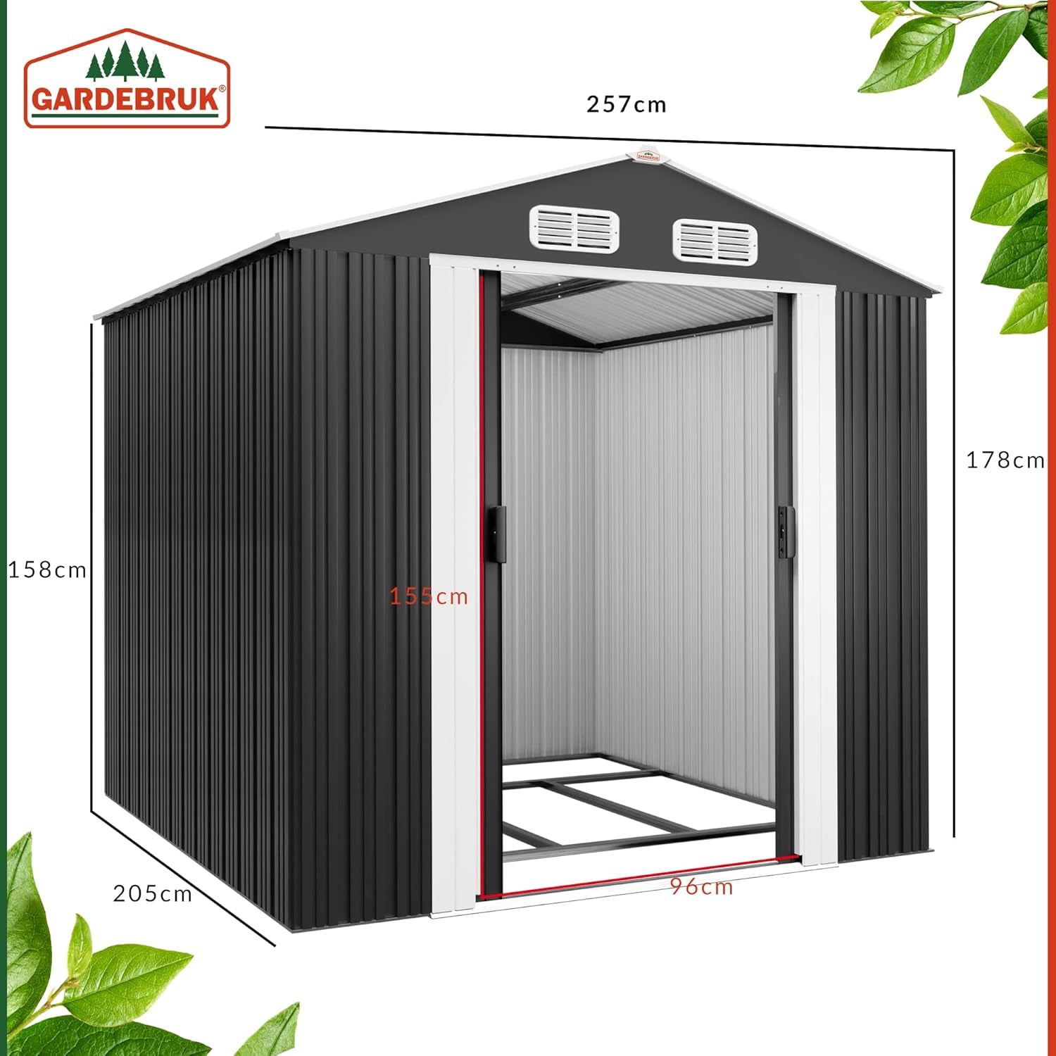 ® XXL 8X6' Metal Tool Shed with Foundation | 5M² 9M³ | Apex Roof | 260X205X180Cm | Sliding Door | Galvanised Steel Garden Equipment Bike Log Storage | Anthracite