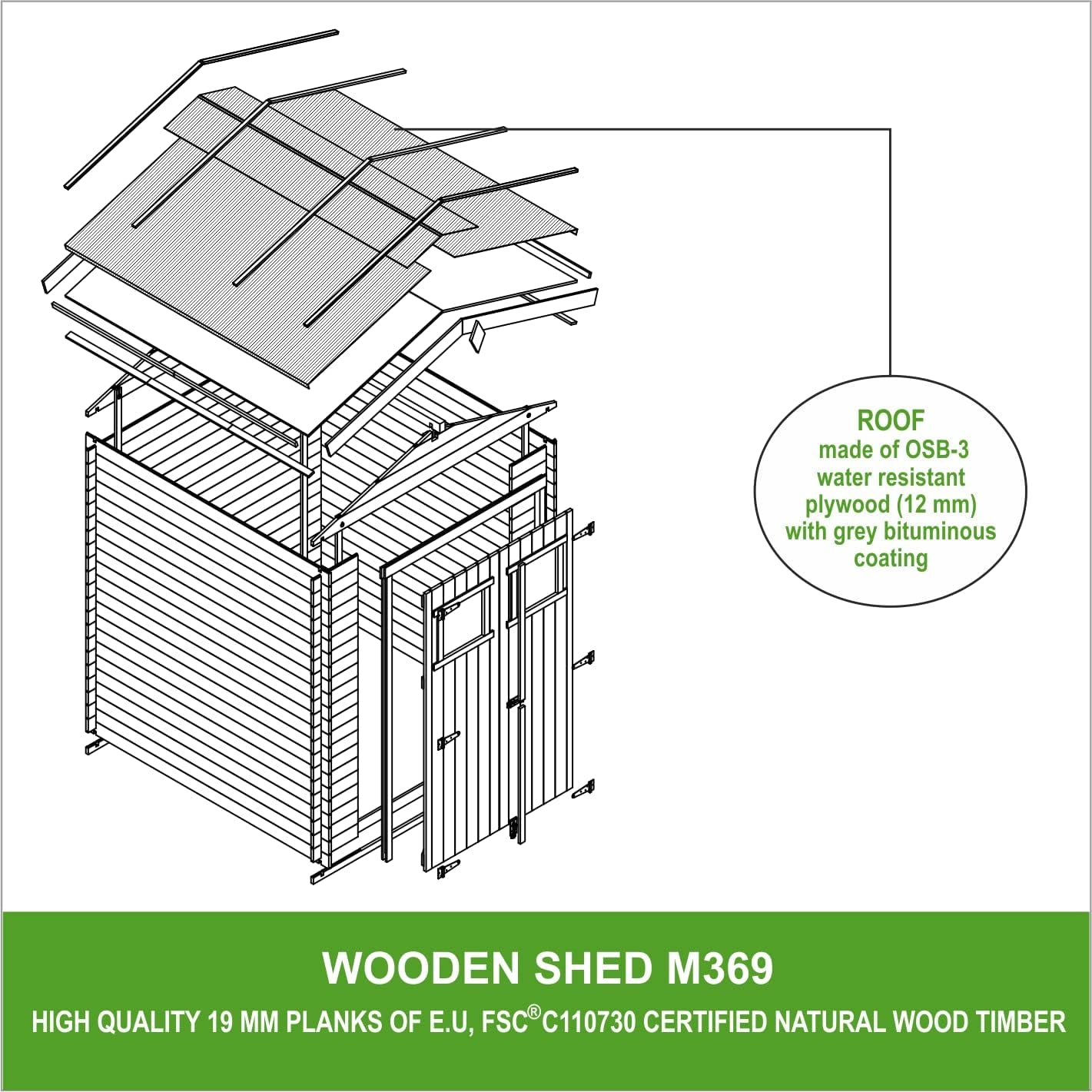 Wooden Garden Shed - Pent Shiplap Wooden Shed 8 X 7 Ft /4.33 M2 - Sheds and Outdoor Storage - Wooden Garden Storage Shed, 19 Mm Planks - Small Shed, Bike Storage, Windows -  M369